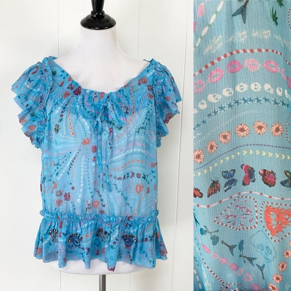 Zadig & Voltaire Tops - Zadig & Voltaire Tutti Print Psyche  Ruffle Sheer Top SZ XS Blue Novelty Print
